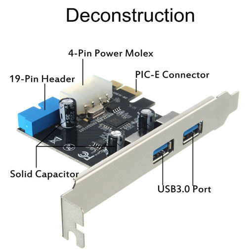 Immagine di USB3.0 2-Port SATA 5Gbps 19-Pin Internal PCIe Express Controller Card With Bracket