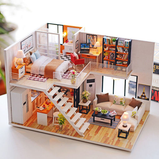 Immagine di Loft Apartments Miniature Dollhouse Wooden Doll House Furniture LED Kit Christmas Birthday Gifts
