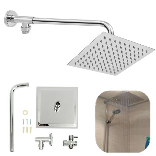 Immagine di 8inch 304 Stainless Steel Square Shower Head Extension Arm Bottom Entry Shower Diverter Valve Set