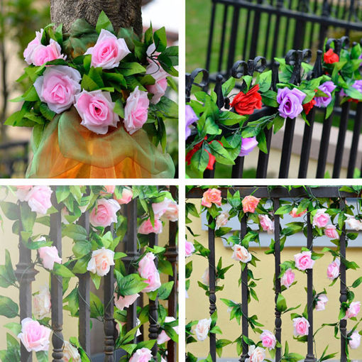 Picture of 2.4m Artificial Plastic Rose Flower Green Leaves Garland Home Garden Wedding Party Decorations