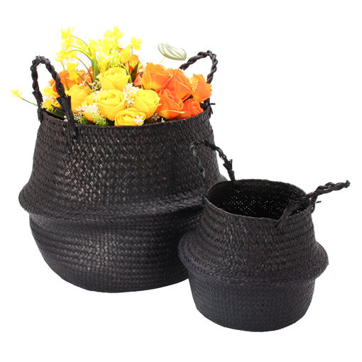 Immagine di Black Seagrass Belly Basket Storage Holder Plant Pot Bag Home Decoration Storage Baskets