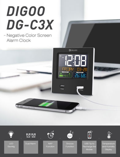 Picture of Digoo DG-C3X Time Calendar 12hr/24hr Format Switchable Temperature Humidity Display Dual Clock