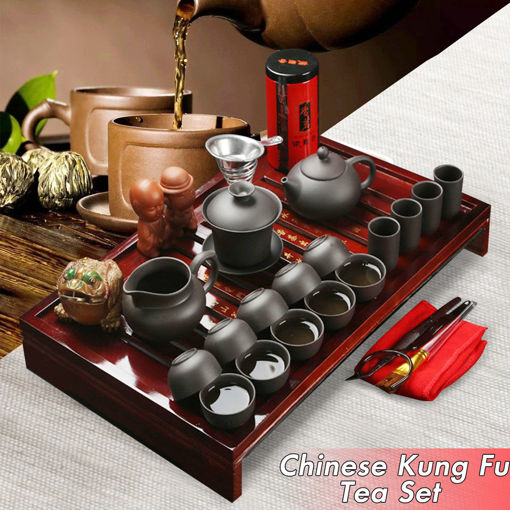 Immagine di Chinese Kung Fu Tea Making Tools Tea Set Porcelain Teapot Pot Cup Elegant Kettle Wood Holder Tray