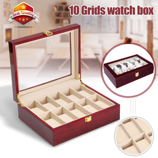Picture of 10 Grids Retro Red Wooden Watch Display Case Durable Packaging Holder Jewelry Box