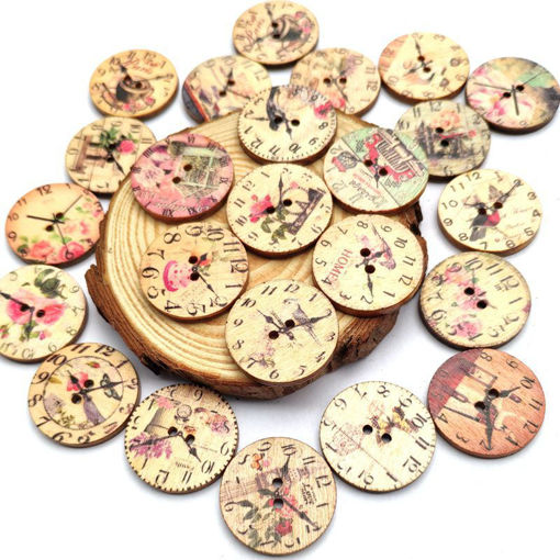 Picture of 50PCS 25MM 2 Holes Decorative Clock Pattern Log Painted Round Shape Fasteners Buttons