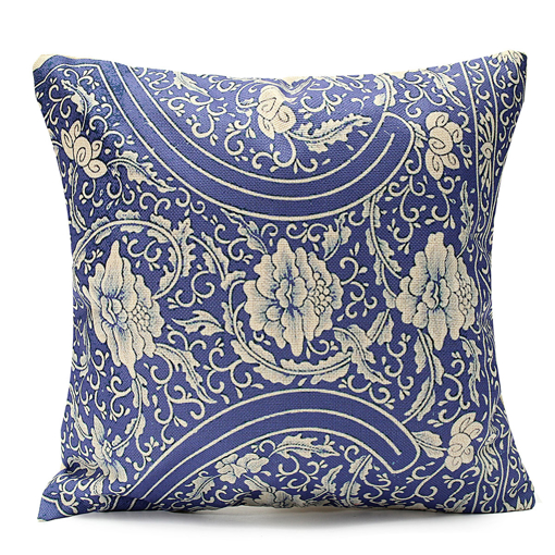 Picture of 45x45cm Vintage Oriental Retro Blue Floral Linen Pillow Case Cushion Cover Home Decor
